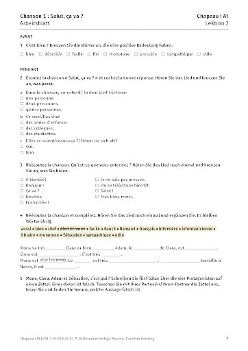 Chanson 1 : Salut, ça va ?