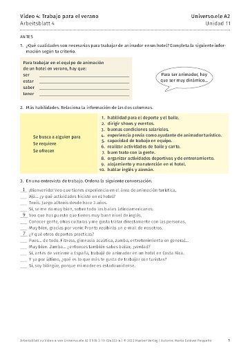 Arbeitsblatt zu Video 4: Trabajo para el verano