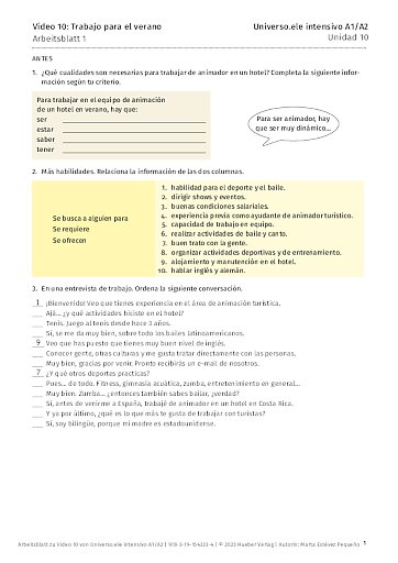 Arbeitsblatt zu Video 10: Trabajo para el verano