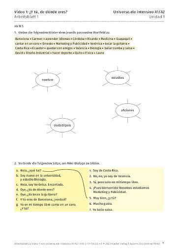 Arbeitsblatt zu Video 1: ¿Y tú, de dónde eres?