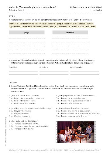Arbeitsblatt zu Video 4: ¿Vamos a la playa o a la montaña?