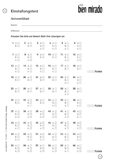 Einstufungstest und Antwortblatt